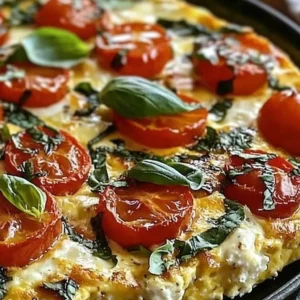 Delicious Caprese Frittata with tomatoes, mozzarella, and basil for brunch