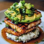 Honey Lime Chicken topped on avocado rice stack, garnished with lime wedges.