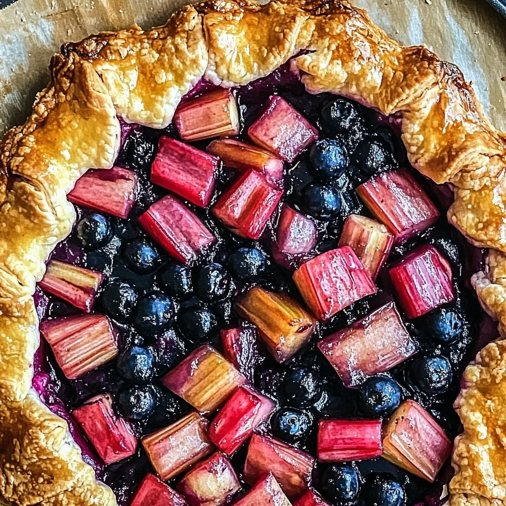 Delicious rhubarb blueberry galette with flaky crust and fresh fruit filling