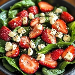 Fresh strawberry spinach salad topped with vibrant strawberries and greens