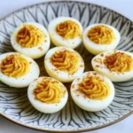 Delicious deviled eggs garnished with paprika and herbs on a white plate
