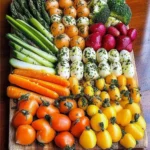 Easy Easter Veggie Board with colorful vegetables and dips for spring celebrations