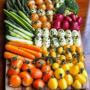 Easy Easter Veggie Board with colorful vegetables and dips for spring celebrations