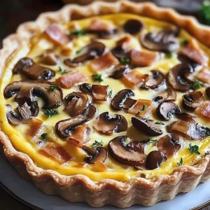 Delicious homemade mushroom quiche baked to golden perfection.