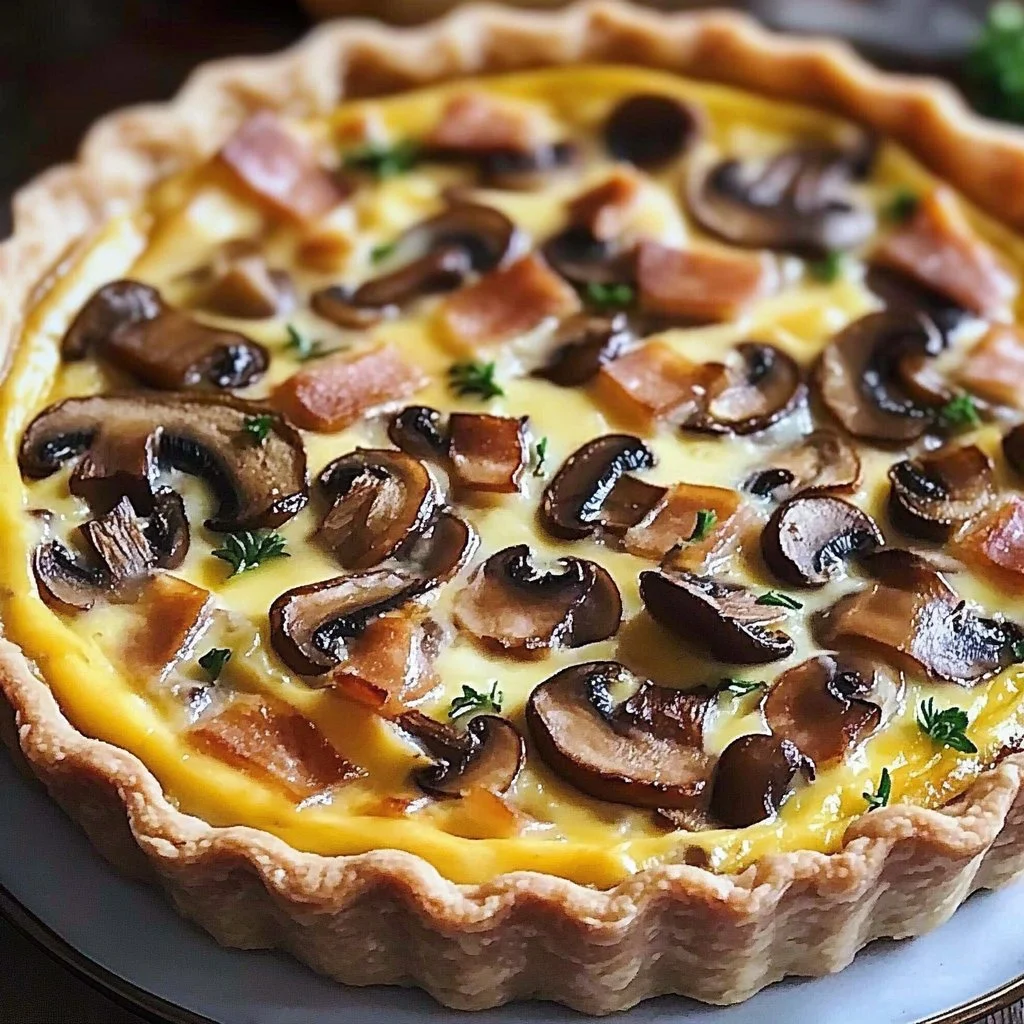 Delicious homemade mushroom quiche baked to golden perfection.