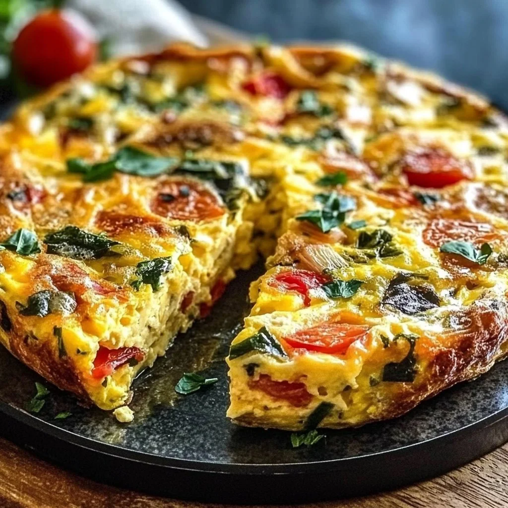 Delicious easy oven-baked frittata with colorful vegetables and herbs.
