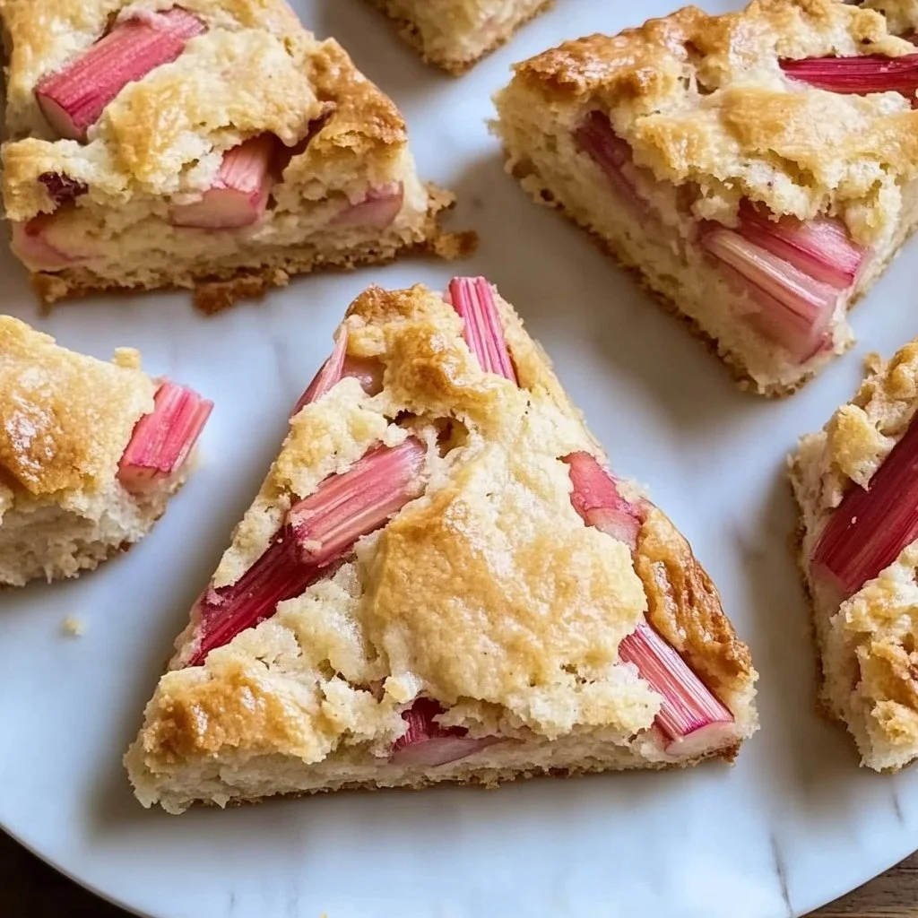 Deliciously baked easy rhubarb scones on a plate for tea time.