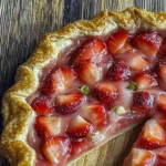 Homemade easy strawberry rhubarb galette on a rustic wooden table