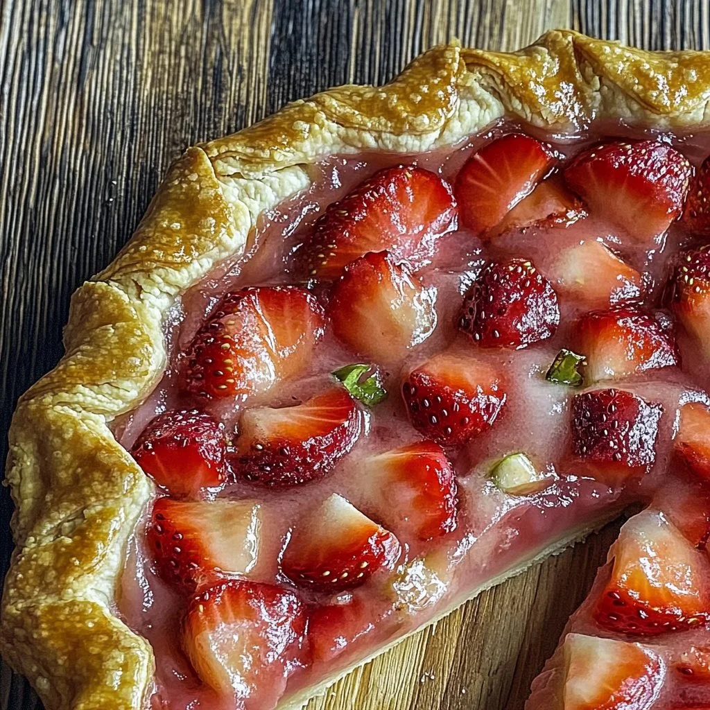 Homemade easy strawberry rhubarb galette on a rustic wooden table