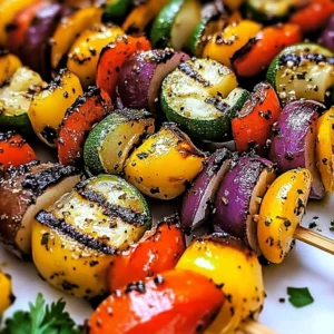 Colorful grilled veggie skewers with zucchini, bell peppers, and mushrooms on the grill.