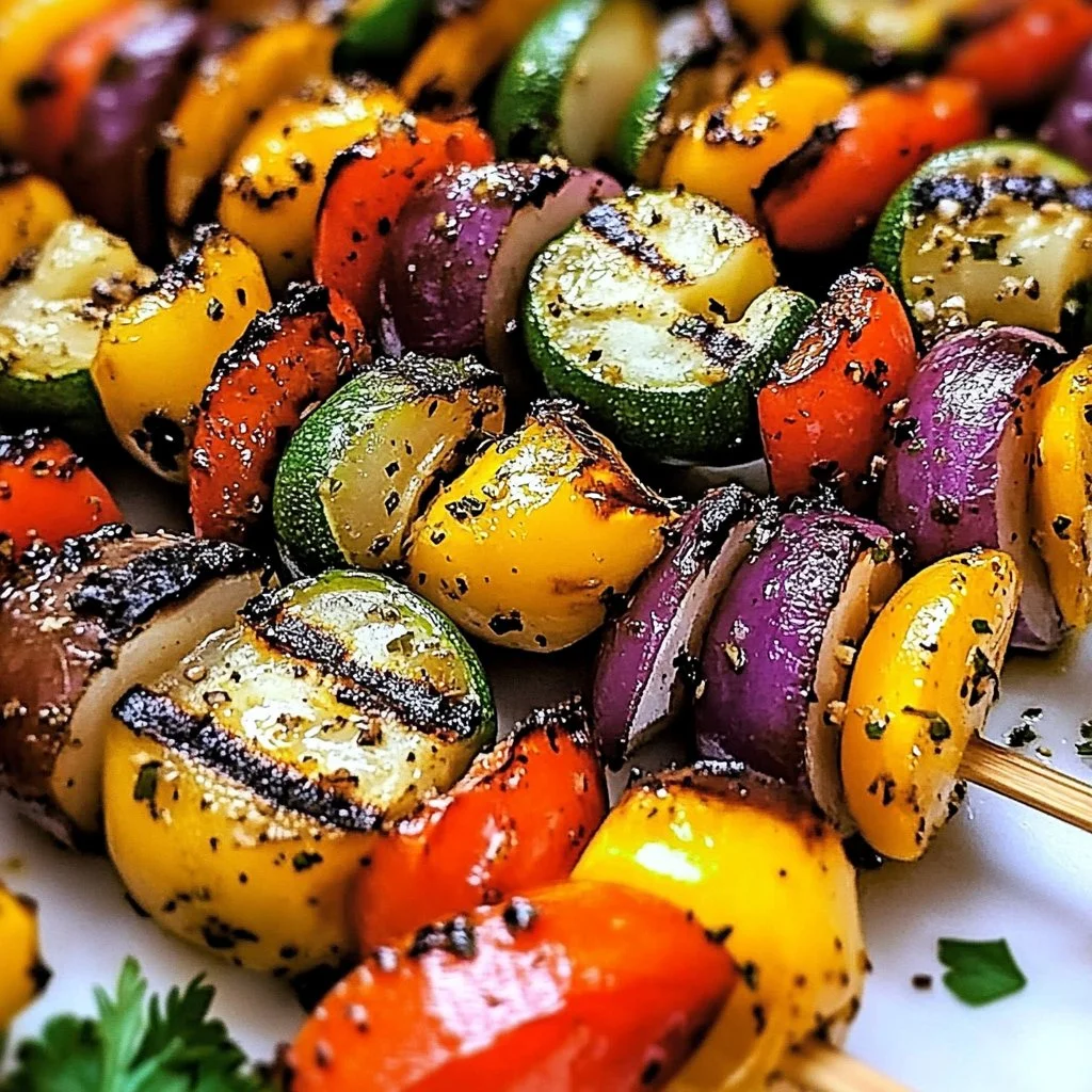 Colorful grilled veggie skewers with zucchini, bell peppers, and mushrooms on the grill.