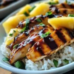 Hawaiian chicken served with pineapple and coconut rice on a plate.