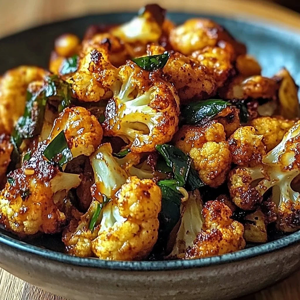 Honey curry roasted cauliflower served on a plate garnished with herbs