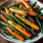 Honey glazed carrots and green beans garnished with herbs on a plate