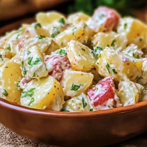 Ina Garten's creamy potato salad topped with fresh herbs and served in a bowl.
