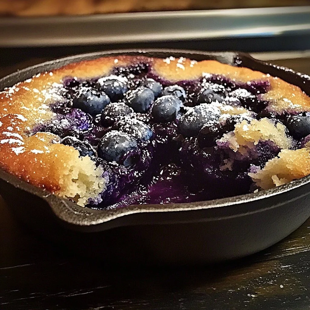 Irresistible blueberry skillet cake fresh out of the oven, topped with blueberries.
