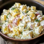 Bowl of irresistible classic potato salad with fresh herbs and spices