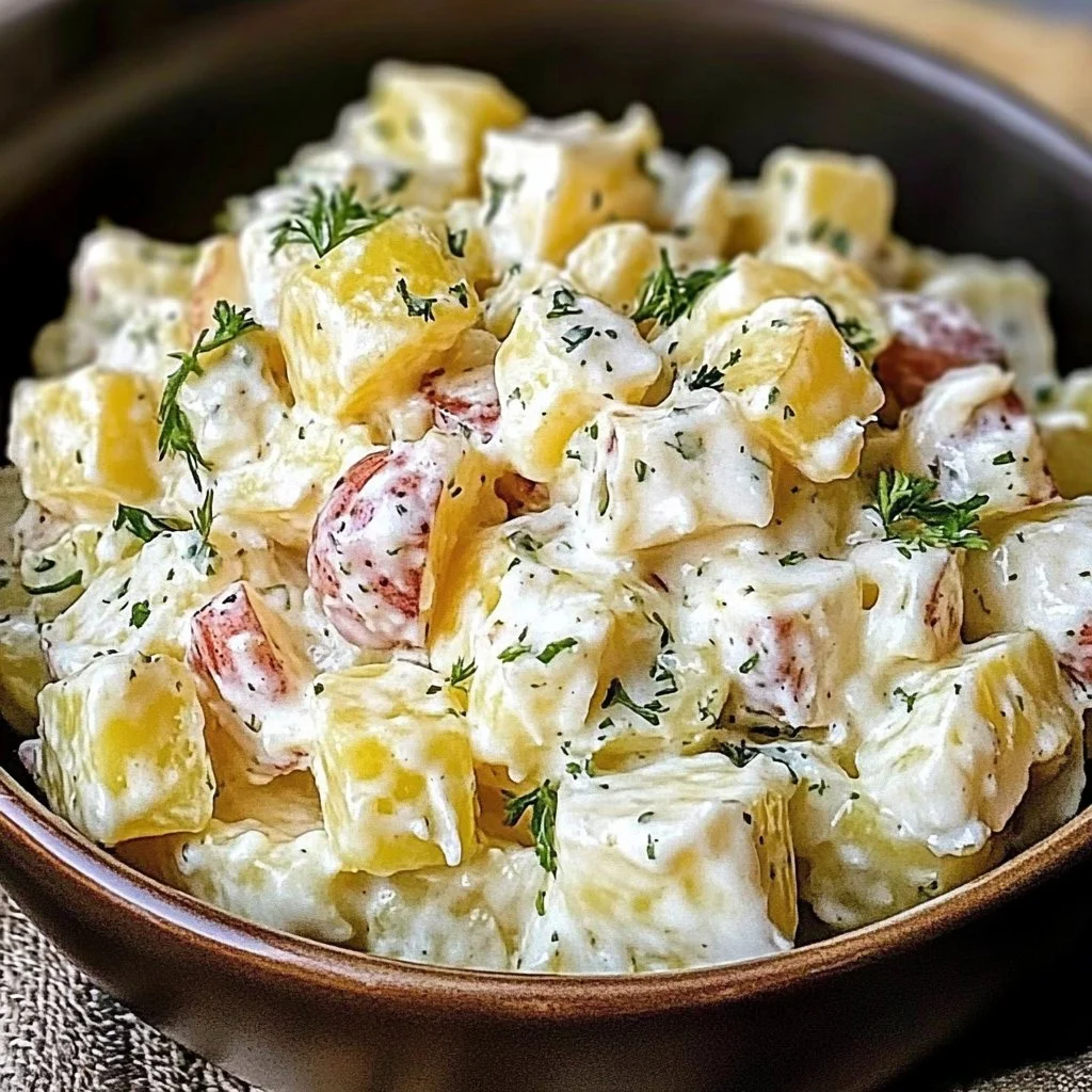 Bowl of irresistible classic potato salad with fresh herbs and spices