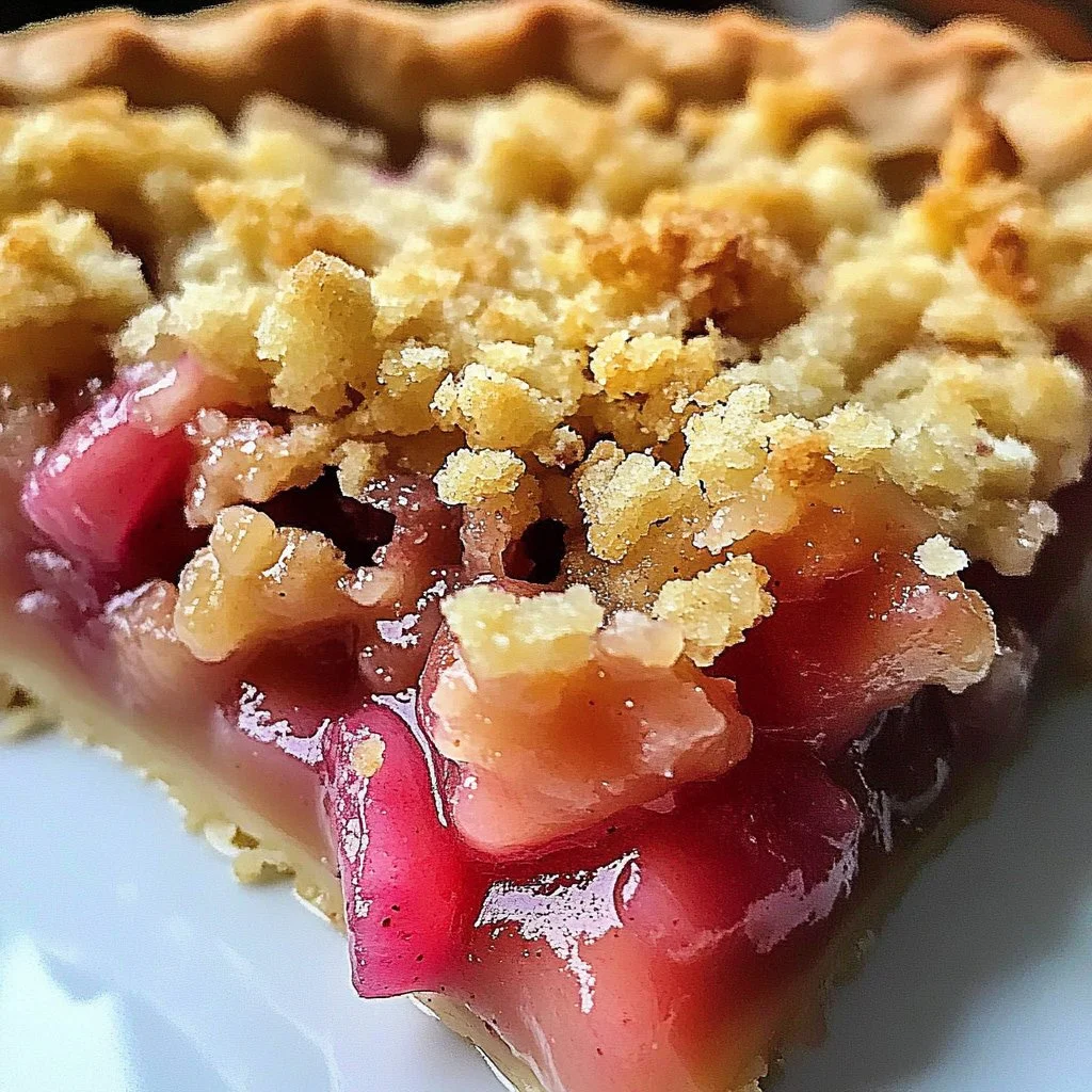 Delicious slice of classic rhubarb crumble pie on a wooden table