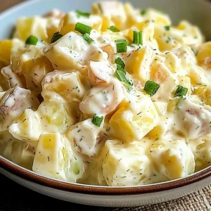 A bowl of irresistible creamy potato salad garnished with fresh herbs and spices.