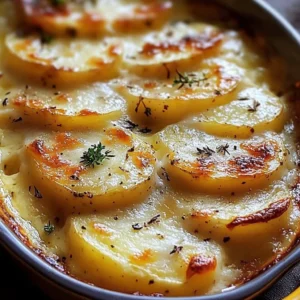 Deliciously baked gratin potatoes topped with cheese and herbs
