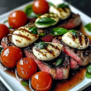Delicious grilled caprese steak with fresh basil and tomatoes on a plate