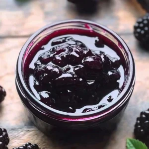 Homemade mulberry jam jar with fresh mulberries on a wooden table