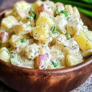 Bowl of old-fashioned potato salad garnished with herbs and vegetables
