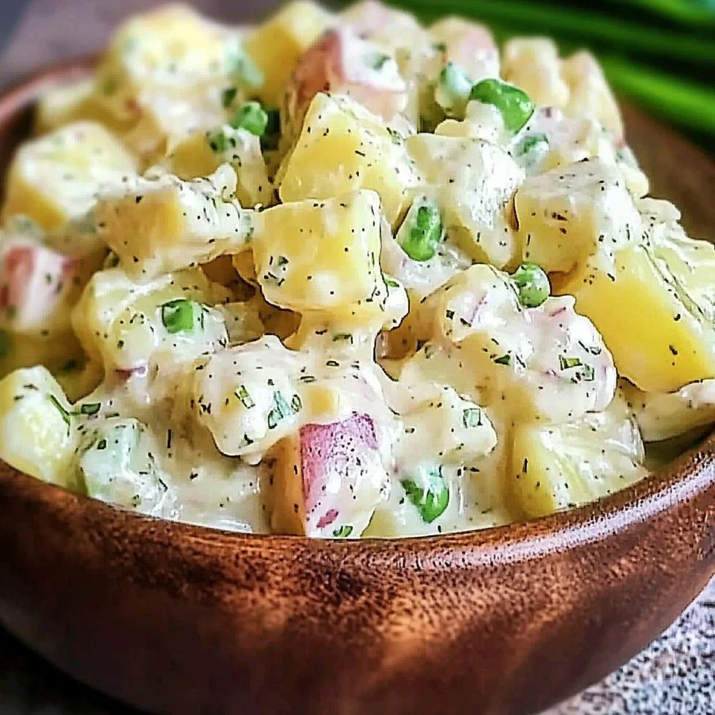Bowl of old-fashioned potato salad garnished with herbs and vegetables