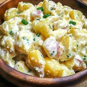 Delicious potato salad in a bowl with fresh herbs and vegetables