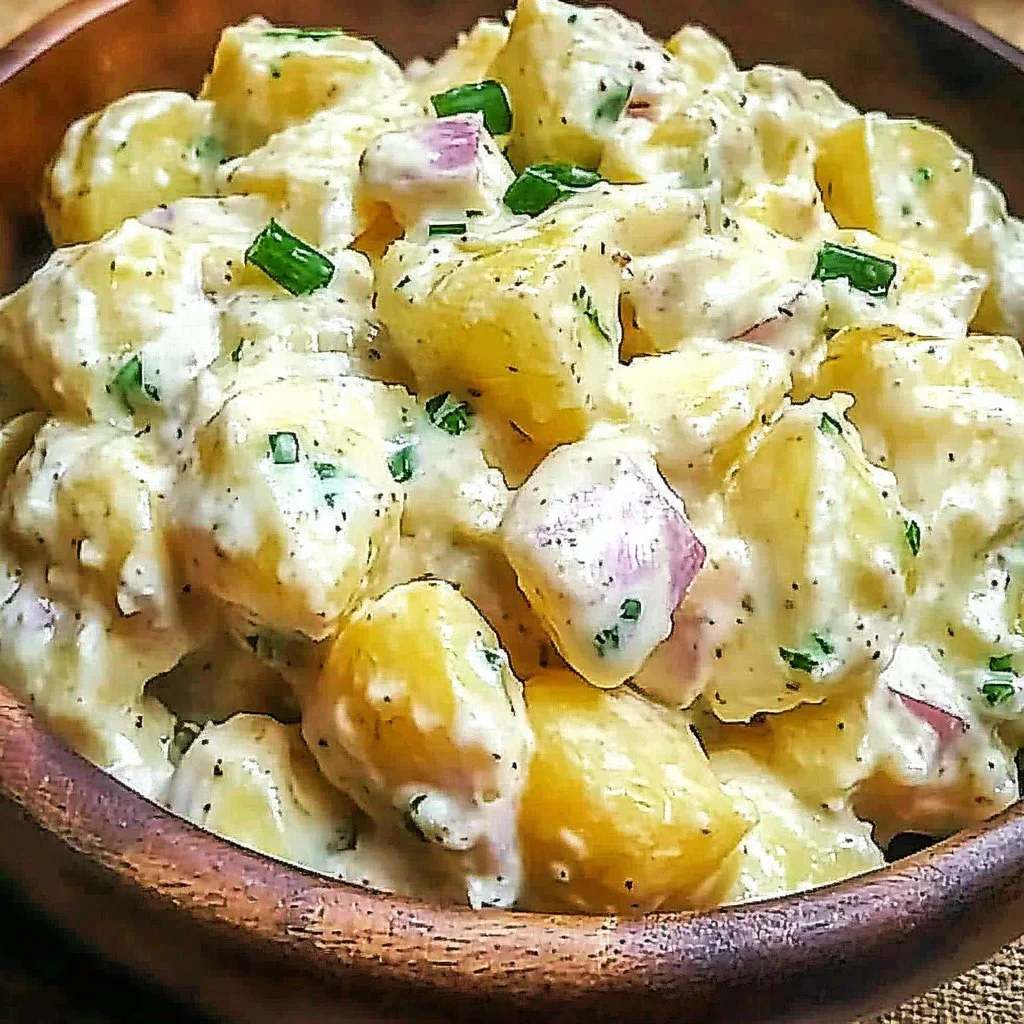 Delicious potato salad in a bowl with fresh herbs and vegetables