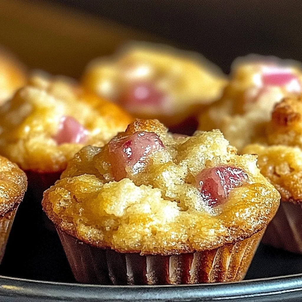 Freshly baked irresistible rhubarb muffins on a wooden table