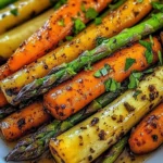 Plate of irresistible roasted asparagus and carrots, garnished and ready to serve.