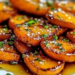 Smashed carrots topped with a sweet-savory glaze on a plate