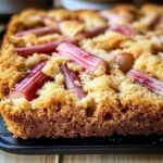 Delicious sour cream rhubarb coffee cake on a white plate