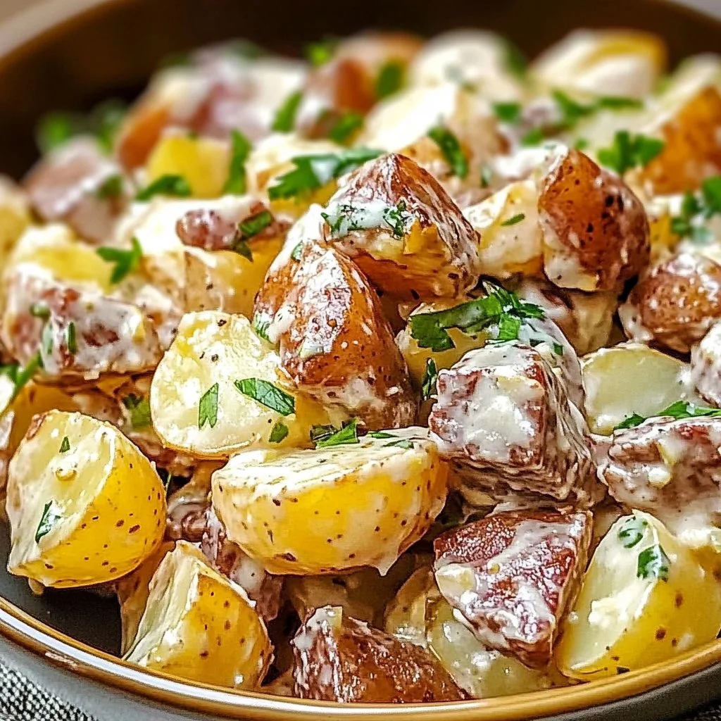 Delicious steakhouse potato salad served in a bowl