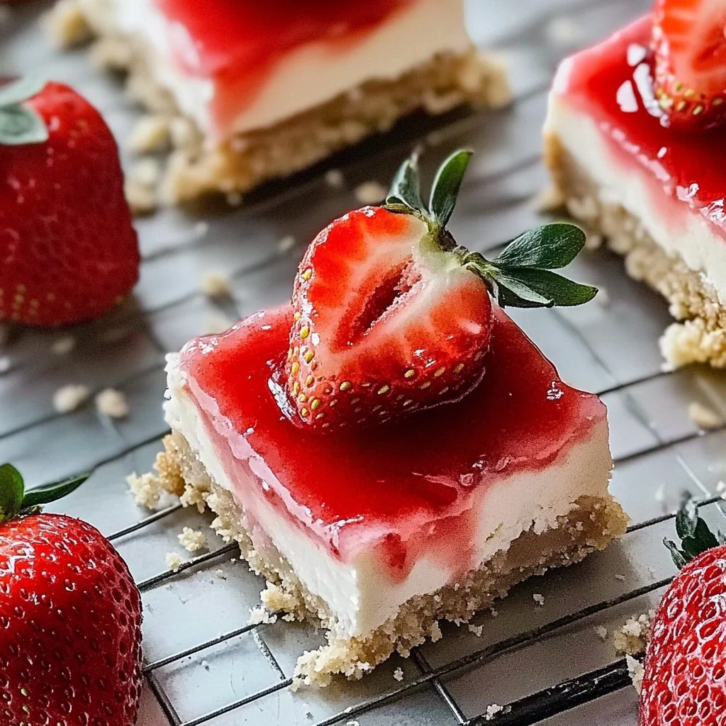 Irresistible strawberry coconut no-bake cheesecake bars on a plate