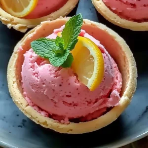 Irresistible strawberry lemon mint sorbet in a bowl garnished with mint leaves.