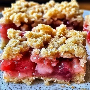Delicious strawberry rhubarb crumb bars on a white plate
