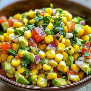 Delicious summer corn salad with avocado and fresh vegetables