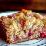 Slice of delicious rhubarb cake with fresh rhubarb on the side
