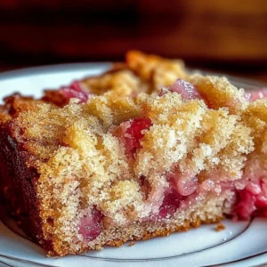 Slice of delicious rhubarb cake with fresh rhubarb on the side