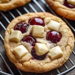 Batch of irresistible white chocolate cherry cookies on a cooling rack.