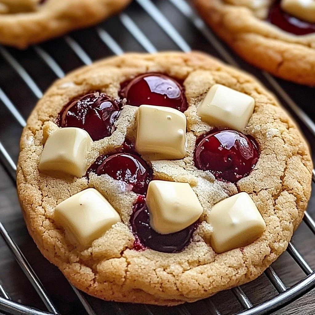 Batch of irresistible white chocolate cherry cookies on a cooling rack.