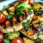 Juicy grilled avocado chicken garnished with fresh herbs and served with avocado slices.