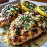 Plate of delicious Lemon Chicken Romano garnished with herbs.