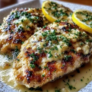 Plate of delicious Lemon Chicken Romano garnished with herbs.