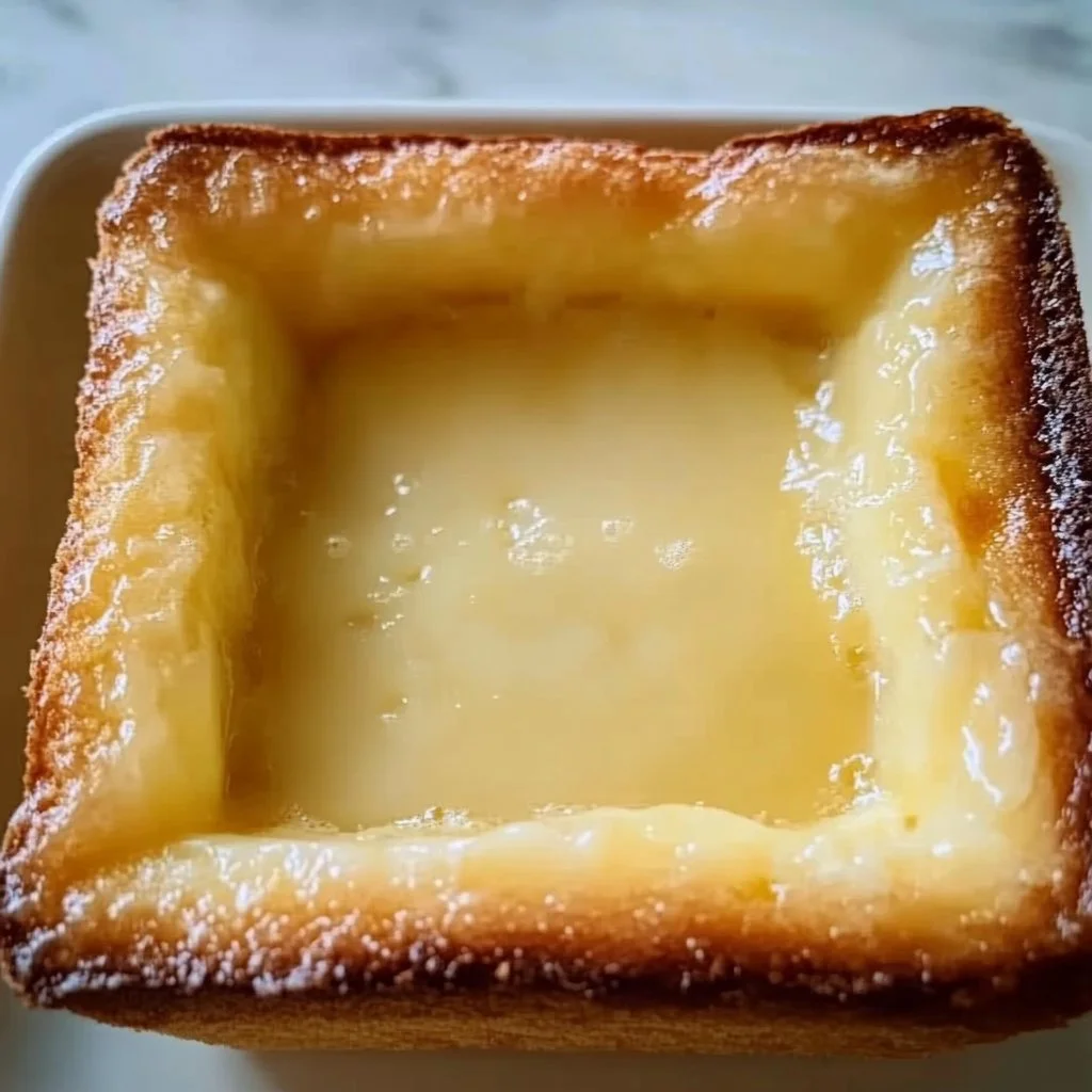 Slice of homemade lemon pudding cake with lemon slices on top