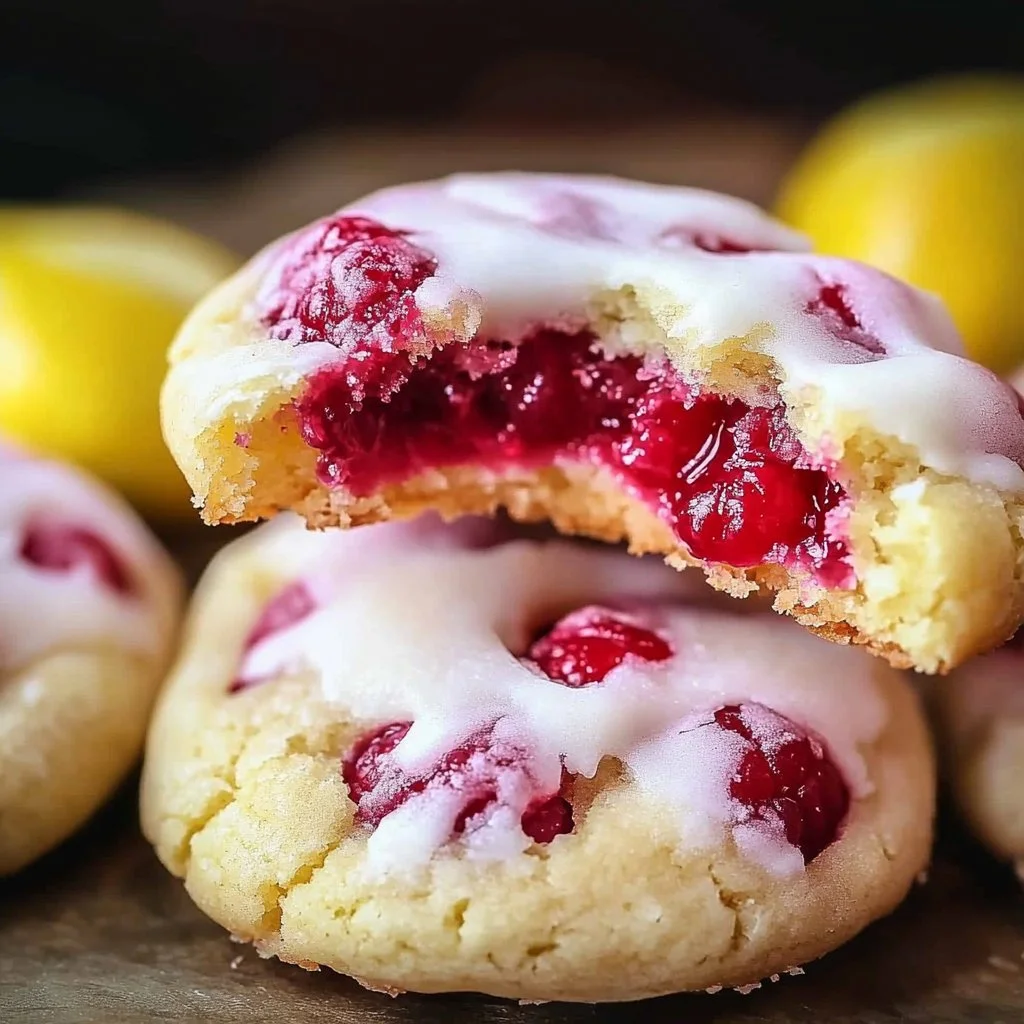 Freshly baked Lemon Raspberry Cookies on a cooling rack