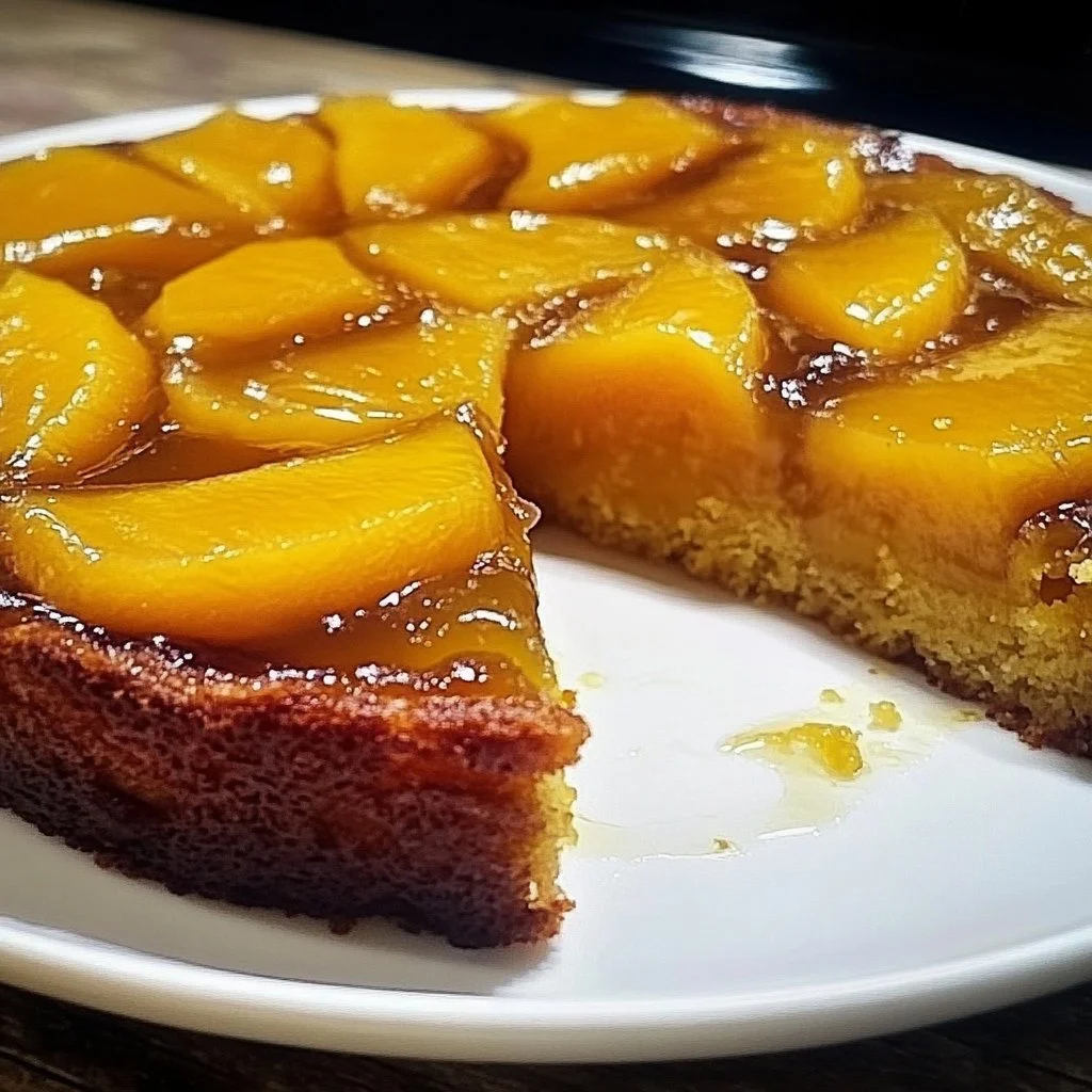 Delicious Mango Upside Down Cake topped with fresh mango slices on a serving plate.